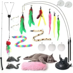 4in1 Interactive Cat Toy for Indoor Cats Retractable Cat Wand 2Pole Suction Cup Catnip Pillow 14+ Accessories Self Play Interact