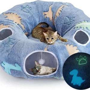 Foldable Cat Tunnel with Washable Bed 4 Entry Points,Peekaboo Cat CaveMultifunctional Playground Toy for Cats Kittens
