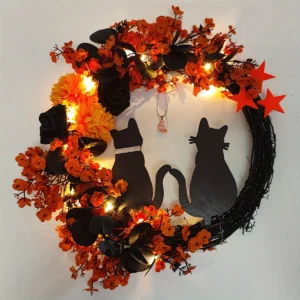Black Cat Wreath Halloween Decor for Home, Spooky Halloween Decorations